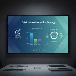A conference room screen showcases a "Q4 Growth & Innovation Strategy" slide, expertly crafted with Presentation Design, featuring a bar graph, pie chart, Aurora Consulting logo, key milestones, and innovation icons by sector.