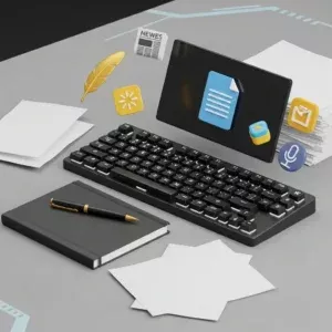 A keyboard, notebook with pen, loose papers, and a tablet displaying a document icon sit on a desk. Floating digital icons symbolize tasks like news, email, creativity, and voice recording—perfect for Press Release Writing.