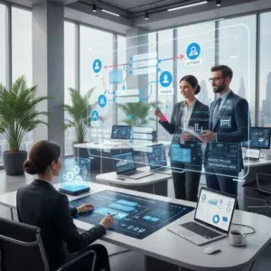 Three business professionals collaborate in a sleek office using transparent digital screens with charts and analytics, exploring Process Automation Consulting. One woman sits at a modern desk while two discuss data; laptops and city views enhance the scene. Three business professionals collaborate in a sleek office using transparent digital screens with charts and analytics, exploring Process Automation Consulting. One woman sits at a modern desk while two discuss data; laptops and city views enhance the scene.
