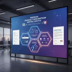 A digital display in a modern office showcases the Product Description Writing service, featuring hexagonal icons for SEO, platform optimization, and conversion enhancement, with sample product descriptions shown on each side. A digital display in a modern office showcases the Product Description Writing service, featuring hexagonal icons for SEO, platform optimization, and conversion enhancement, with sample product descriptions shown on each side.