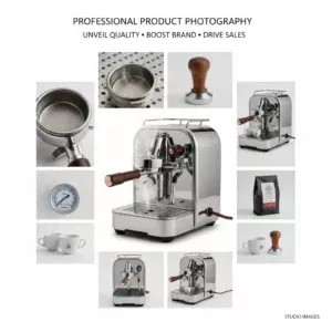 Product Photography displays a stainless steel espresso machine from various angles, focusing on the portafilter, tamper, gauge, and drip tray, alongside espresso cups, coffee beans, and a milk frother in a professional setting. Product Photography displays a stainless steel espresso machine from various angles, focusing on the portafilter, tamper, gauge, and drip tray, alongside espresso cups, coffee beans, and a milk frother in a professional setting.