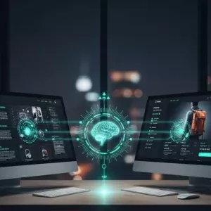 Two monitors on a desk show digital dashboards with shopping interfaces. A glowing brain-shaped hologram represents AI technology. The background cityscape hints at the Products Descriptions Writing service.