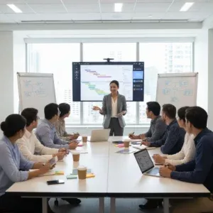 During a Project Management Training session, a woman presents a chart on a large screen to eight colleagues seated around a table with laptops, papers, sticky notes, and coffee cups; diagrams are on whiteboards. During a Project Management Training session, a woman presents a chart on a large screen to eight colleagues seated around a table with laptops, papers, sticky notes, and coffee cups; diagrams are on whiteboards.