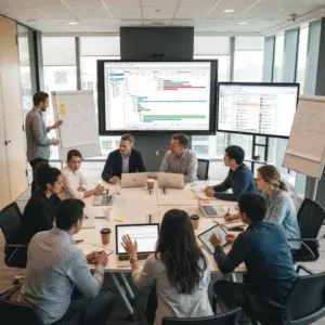 Professionals sit around a modern conference table with laptops and notes as a man leads Project Management Training near a whiteboard. Two screens show project management charts in the bright, spacious office with large windows.