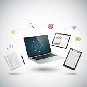 A laptop floats amid a clipboard, papers, pen, and tablet with charts. Above, dotted lines connect iconsโsettings, search, target, cart, chatโshowcasing Sales Page Copywriting and a streamlined digital workflow.