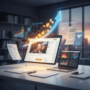 A modern office desk with a computer monitor and laptop displaying graphs, charts, and website analytics. Floating infographics, documents, and digital icons surround the screens, representing data analysis and digital marketing concepts in a professional workspace. A modern office desk with a computer monitor and laptop displaying graphs, charts, and website analytics. Floating infographics, documents, and digital icons surround the screens, representing data analysis and digital marketing concepts in a professional workspace.