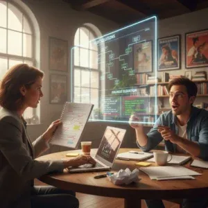 Two people sit in a bright office, discussing notes and a laptop, with a glowing flowchart between themโhighlighting Script Doctoring & Rewriting Services for creating engaging new screenplays. Two people sit in a bright office, discussing notes and a laptop, with a glowing flowchart between themโhighlighting Script Doctoring & Rewriting Services for creating engaging new screenplays.