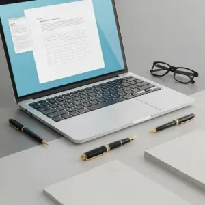 A laptop with a document and charts sits on a gray desk, alongside black eyeglasses, notepads, and pensโcreating an organized space ideal for Script Doctoring & Rewriting Services.