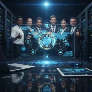 A diverse team in a server room stands behind a digital interface showing cybersecurity icons, world map, and charts, with laptops and a tablet on the table. The interface highlights Security Updates & Patches for optimal system security. A diverse team in a server room stands behind a digital interface showing cybersecurity icons, world map, and charts, with laptops and a tablet on the table. The interface highlights Security Updates & Patches for optimal system security.
