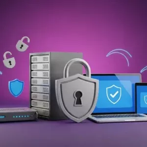 Devices including a server, router, laptop, tablet, and smartphone display security shields and a large padlock, symbolizing the importance of Security Updates & Patches for cyber security, data protection, and essential system updates.