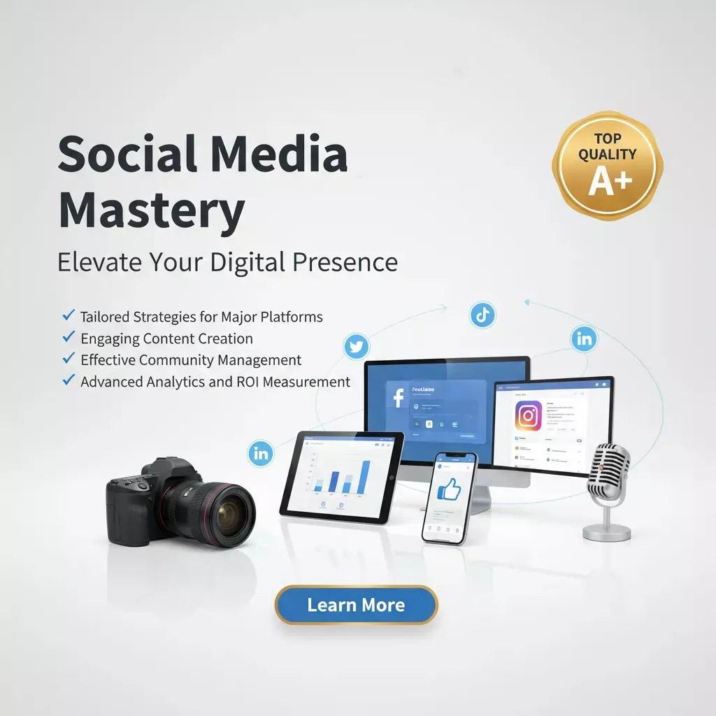 A promotional graphic for โSocial Media Marketing Workshopsโ displays cameras, a tablet, phone, and computers with social media apps, highlighting tailored strategies, content creation, community management, and analytics.