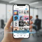 A hand holds a smartphone showing the "CreativeHub" Instagram with a vibrant grid. Text reads, โAUDIENCE ENGAGEMENT: +45% THIS MONTH.โ The blurred office background highlights Social Media Marketing Workshops in action.