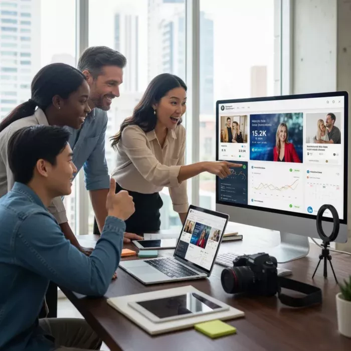 Four young professionals gather around a desk, smiling as they view social media marketing analytics on a large monitor. Laptops and a camera sit on the desk, with a cityscape backdrop, promoting Social Media Marketing Workshops. Four young professionals gather around a desk, smiling as they view social media marketing analytics on a large monitor. Laptops and a camera sit on the desk, with a cityscape backdrop, promoting Social Media Marketing Workshops.