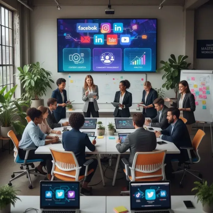 A diverse team in business attire attends a Social Media Marketing Workshops meeting. Large screens display social media logos, graphs, and concepts; laptops show icons. Whiteboards and plants decorate the modern office space. A diverse team in business attire attends a Social Media Marketing Workshops meeting. Large screens display social media logos, graphs, and concepts; laptops show icons. Whiteboards and plants decorate the modern office space.