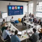 Professionals gather in a modern office with laptops, engaging in Social Media Marketing Workshops. A screen shows social media logos and analytics, creating a collaborative, tech-driven environment.