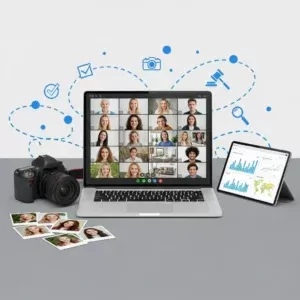 The Stock Photo Curation laptop displays a group video call, accompanied by a camera, printed photos for curation, and a tablet with charts. Blue digital icons in the background represent communication features.