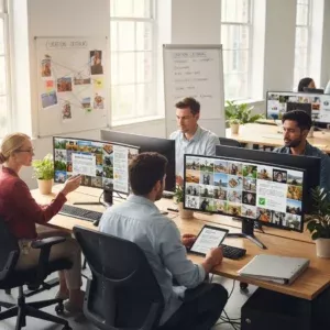 Four people collaborate on Stock Photo Curation, discussing images displayed on large monitors in a bright office with windows, plants, whiteboards filled with notes, laptops, and notebooks. Four people collaborate on Stock Photo Curation, discussing images displayed on large monitors in a bright office with windows, plants, whiteboards filled with notes, laptops, and notebooks.