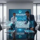 Two professionals in a modern office engage with virtual charts and branding graphics above the table, as a large screen displays "Strategic Brand Positioning & Differentiation." City buildings are visible through the windows.