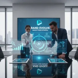 Two professionals in a modern office engage with virtual charts and branding graphics above the table, as a large screen displays “Strategic Brand Positioning & Differentiation.” City buildings are visible through the windows. Two professionals in a modern office engage with virtual charts and branding graphics above the table, as a large screen displays "Strategic Brand Positioning & Differentiation." City buildings are visible through the windows.