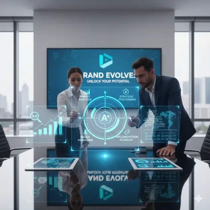 Two professionals in a modern office engage with virtual charts and branding graphics above the table, as a large screen displays "Strategic Brand Positioning & Differentiation." City buildings are visible through the windows. Two professionals in a modern office engage with virtual charts and branding graphics above the table, as a large screen displays "Strategic Brand Positioning & Differentiation." City buildings are visible through the windows.