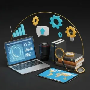 A laptop shows data analytics charts, surrounded by a camera lens, books, a magnifying glass, and a tablet with a world mapโrepresenting Strategic Brand Positioning & Differentiation with floating icons of gears, graphs, chat bubbles, and light bulbs on a dark background.