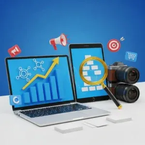 A laptop and tablet display analytics and diagrams amidst marketing icons, a camera, and magnifying glass, visually representing the Strategic Customer Acquisition Strategy against a blue background.