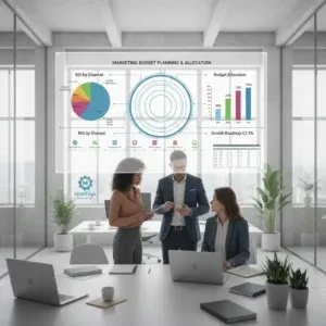 Three professionals discuss data in a modern office. Behind them, a large screen displays marketing budget charts: a pie chart, concentric ring diagram, bar chart, and line graph. Laptops, plants, and large windows with city views complete the workspace. Three professionals discuss data in a modern office. Behind them, a large screen displays marketing budget charts: a pie chart, concentric ring diagram, bar chart, and line graph. Laptops, plants, and large windows with city views complete the workspace.