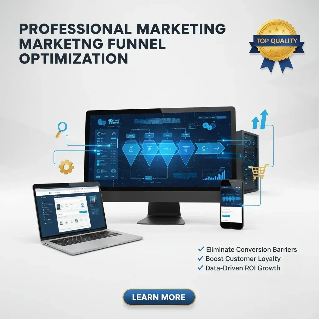 A monitor, laptop, and smartphone show Strategic Marketing Funnel Optimization diagrams. Blue tech icons link the screens. A gold "Top Quality" badge is top right. Text highlights benefits: remove barriers, boost loyalty, and drive data-based growth.