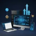 The Strategic Marketing Funnel Optimization product is shown on a laptop, monitor, smartphone, and server with dark screens displaying data charts. Blue arrows and icons illustrate data flow and digital operations for enhanced marketing strategy.