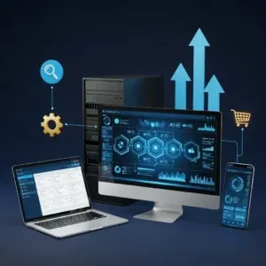 The Strategic Marketing Funnel Optimization product is shown on a laptop, monitor, smartphone, and server with dark screens displaying data charts. Blue arrows and icons illustrate data flow and digital operations for enhanced marketing strategy.