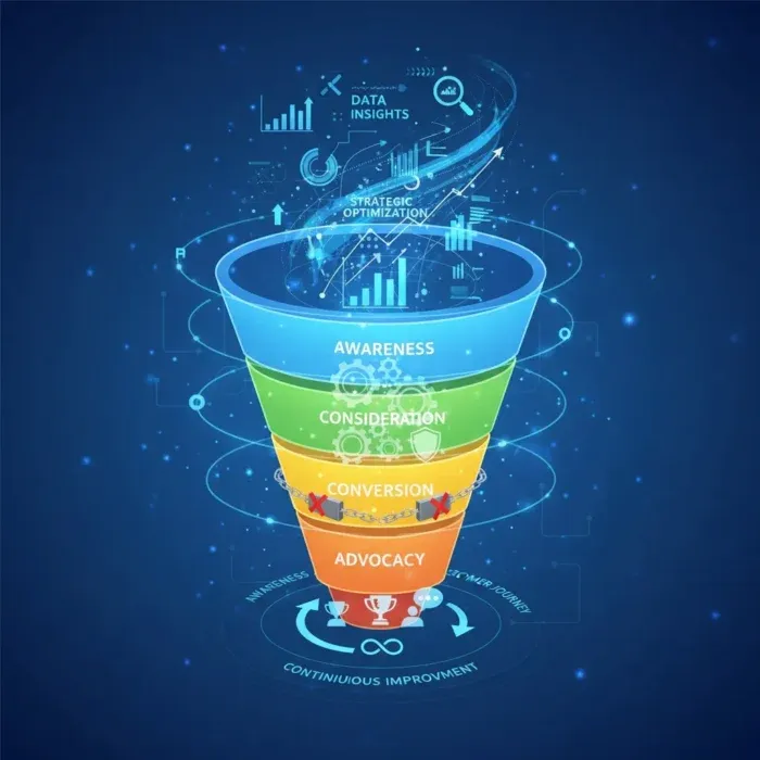 The Strategic Marketing Funnel Optimization diagram displays the stagesโAwareness, Consideration, Conversion, and Advocacyโon a blue background, with data insights and strategy icons above and "Continuous Improvement" encircling the optimized base. The Strategic Marketing Funnel Optimization diagram displays the stagesโAwareness, Consideration, Conversion, and Advocacyโon a blue background, with data insights and strategy icons above and "Continuous Improvement" encircling the optimized base.