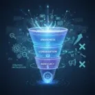 A glowing funnel diagram with stages โAwareness,โ โConsideration,โ and โAdvocacy,โ surrounded by marketing icons, illustrates Strategic Marketing Funnel Optimization on a dark background, emphasizing key steps for digital marketing success.