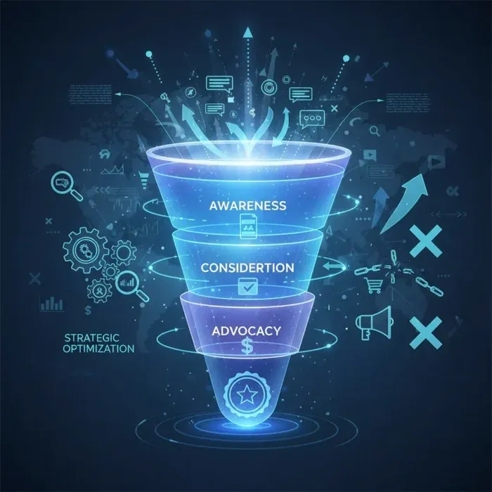 A glowing funnel diagram with stages โAwareness,โ โConsideration,โ and โAdvocacy,โ surrounded by marketing icons, illustrates Strategic Marketing Funnel Optimization on a dark background, emphasizing key steps for digital marketing success. A glowing funnel diagram with stages โAwareness,โ โConsideration,โ and โAdvocacy,โ surrounded by marketing icons, illustrates Strategic Marketing Funnel Optimization on a dark background, emphasizing key steps for digital marketing success.