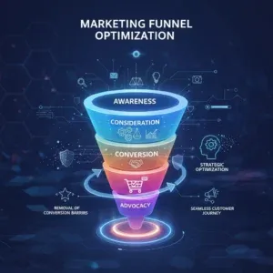 The “Strategic Marketing Funnel Optimization” features a glowing five-layer funnelโAwareness, Consideration, Conversion, Loyalty, Advocacyโon a dark digital background with icons highlighting strategy and seamless customer journeys. The "Strategic Marketing Funnel Optimization" features a glowing five-layer funnelโAwareness, Consideration, Conversion, Loyalty, Advocacyโon a dark digital background with icons highlighting strategy and seamless customer journeys.