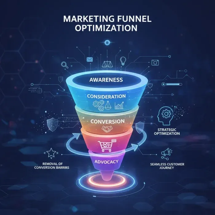 The "Strategic Marketing Funnel Optimization" features a glowing five-layer funnelโAwareness, Consideration, Conversion, Loyalty, Advocacyโon a dark digital background with icons highlighting strategy and seamless customer journeys. The "Strategic Marketing Funnel Optimization" features a glowing five-layer funnelโAwareness, Consideration, Conversion, Loyalty, Advocacyโon a dark digital background with icons highlighting strategy and seamless customer journeys.