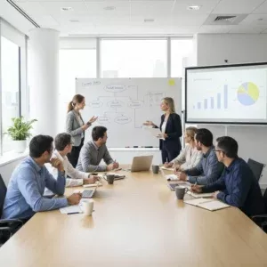 In a Strategic Planning Sessions meeting, eight professionals collaborate in a modern conference room. Two women present diagrams at a whiteboard, charts display on a screen, and six colleagues take notes with laptops and documents around the table. In a Strategic Planning Sessions meeting, eight professionals collaborate in a modern conference room. Two women present diagrams at a whiteboard, charts display on a screen, and six colleagues take notes with laptops and documents around the table.