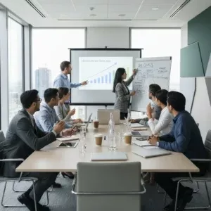 A team of business professionals participates in Strategic Planning Sessions in a modern office, as one colleague points to a growth chart onscreen and another writes on a whiteboard while the group pays close attention.