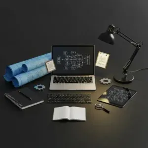 A workspace for Technical Documentation Writing includes a laptop displaying a flowchart, blueprints, desk lamp, clipboard, tablet with corresponding diagram, open technical notebook, pen, keyboard, gears, and magnifying glass on a dark background.