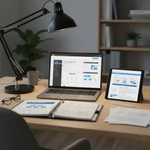 A Technical Documentation Writing workspace includes a laptop, tablet, and binder with diagrams. Both devices show charts, while a black desk lamp, notebook, pen, and bookshelves enhance the organized setup. A Technical Documentation Writing workspace includes a laptop, tablet, and binder with diagrams. Both devices show charts, while a black desk lamp, notebook, pen, and bookshelves enhance the organized setup.