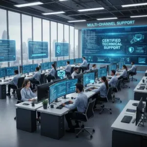 A modern office with multiple employees using computers and large screens displaying data and the phrases “Multi-Channel Support” and “Certified Technical Help Desk,” showcases Technical Help Desk Services in a high-tech support center with city views. A modern office with multiple employees using computers and large screens displaying data and the phrases "Multi-Channel Support" and "Certified Technical Help Desk," showcases Technical Help Desk Services in a high-tech support center with city views.