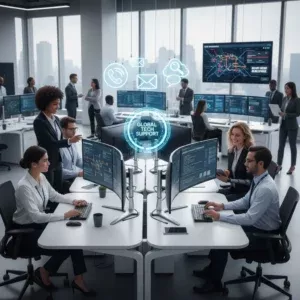 A modern office with diverse professionals at computers, large monitors displaying data and Technical Help Desk Services interfaces, digital communication icons, and a "Technical Help Desk Services" hologram highlight a collaborative help desk environment.