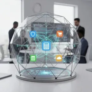 A geometric glass dome displaying vibrant digital icons represents Third-Party Software Integration on a modern office desk, with business professionals working at computers in a bright, high-tech background. A geometric glass dome displaying vibrant digital icons represents Third-Party Software Integration on a modern office desk, with business professionals working at computers in a bright, high-tech background.
