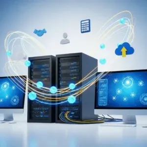 Two server towers sit between monitors with network graphics. Yellow and blue lines swirl around, symbolizing data transfer and Third-Party Software Integration. Floating icons above include a cloud upload, handshake, calculator, and user profiles.
