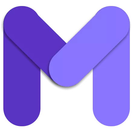 A bold, stylized M logo crafted from three overlapping, rounded rectangles in purple and lavender shades on a light gray background. The geometric shapes create a modern, layered look.