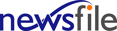 The image shows the "newsfile" logo in lowercase letters. "news" is in dark blue, "file" in gray. A curved blue line arcs from the "w" to the "i," ending in an orange dot above the "i." The design is clean and modern.