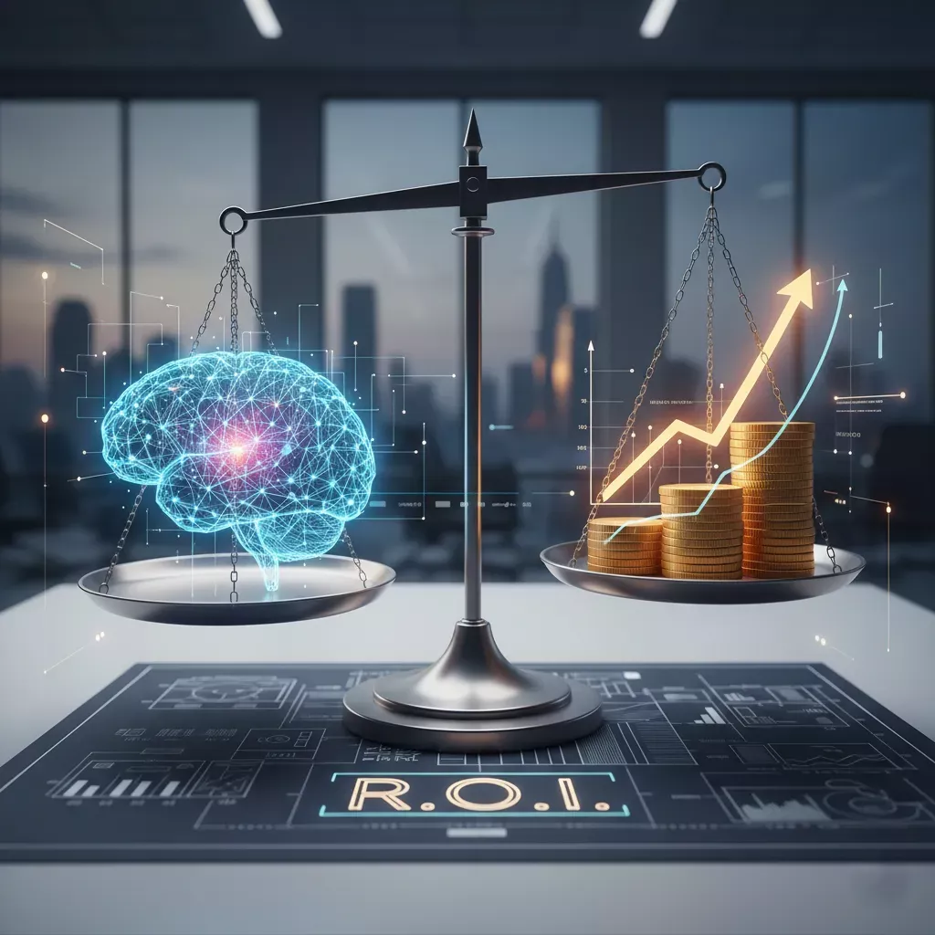 A balance scale sits on a desk labeled "R.O.I." One side holds a digital, glowing brain; the other side holds stacks of gold coins and an upward-pointing chart. City skyscrapers are visible through the office window in the background.