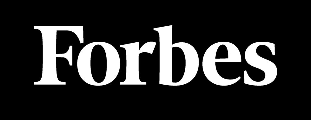 White "Forbes" logo in a bold serif font centered on a solid black background.
