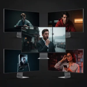 Five screens curve in a semicircle on a dark background, evoking Product Demo Videos. The center shows a man in a suit outdoors, while the others feature varied figures such as a human-faced robot.