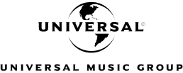 Universal Music Group logo featuring a black silhouette of a globe with "UNIVERSAL" in bold uppercase letters across the center. Below the globe, "UNIVERSAL MUSIC GROUP" is written in spaced, uppercase black letters. The background is light gray.