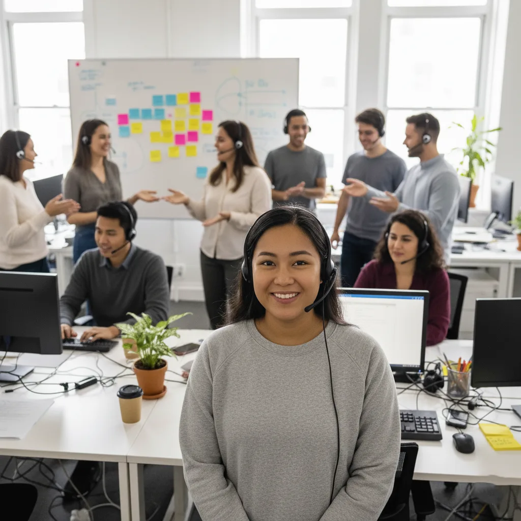 A young woman with a headset smiles at the camera in a modern office. Behind her, colleagues, also wearing headsets, work at desks or chat standing near a whiteboard with colorful sticky notes. Computers, plants, and bright windows fill the workspace.